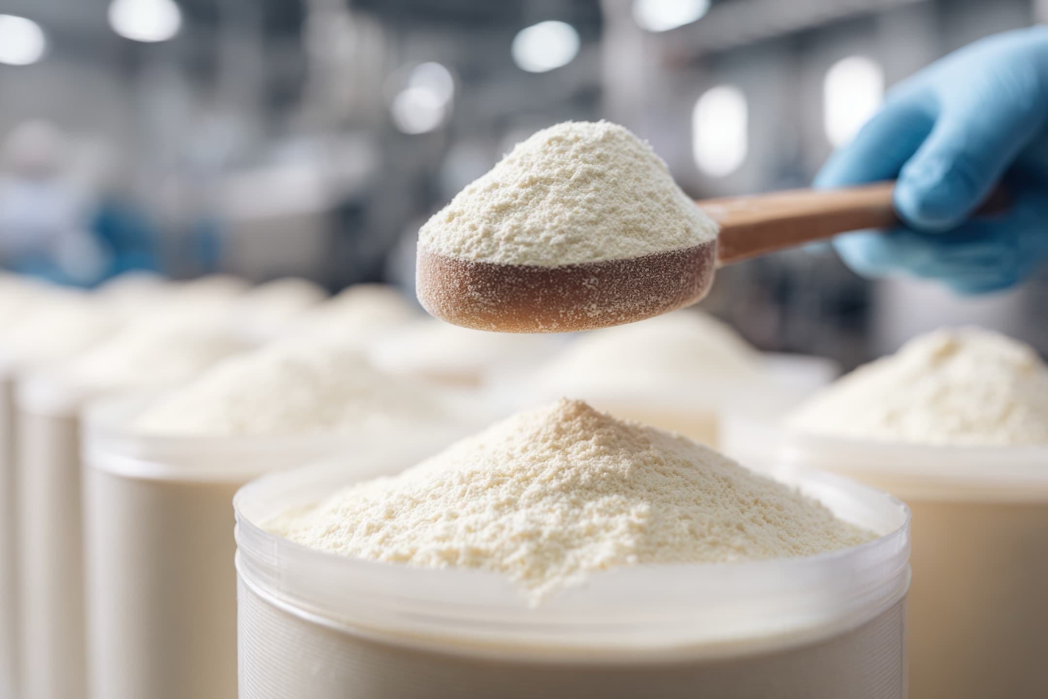 Powder supplement being poured into a stainless steel mixing vessel